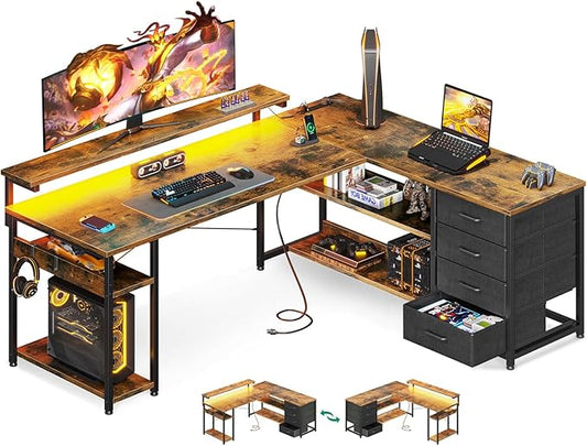 AODK 61" L Shaped Desk with Drawer, Computer Desk with Power Outlets & LED Lights, Reversible Corner Gaming Desks for Home Office Workstation, Office Table with Monitor Shelf, Vintage