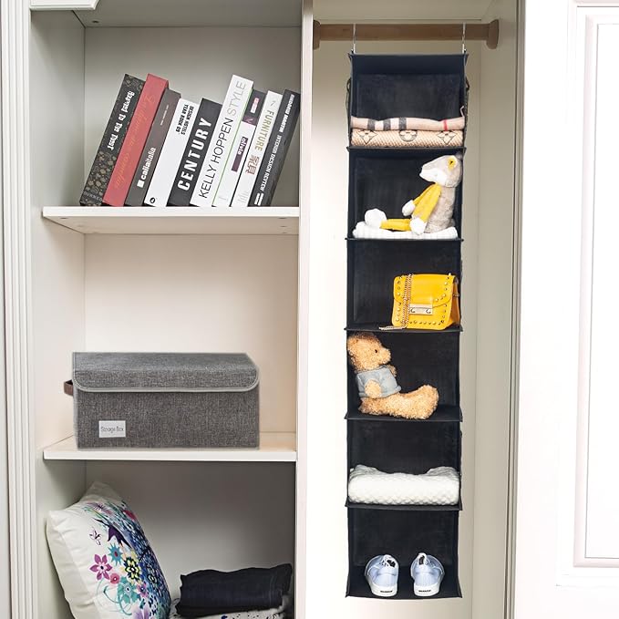 6 Shelves Hanging Closet Organizer, 2 Pack Hanging Storage with 4 Side Pockets for Clothes Shoes, 43.5"x12"x12"(Black)