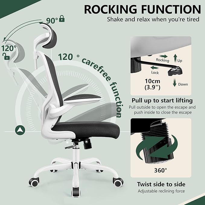 FelixKing Office Chair with Headrest, Home Office Desk Chairs with Flip-Up Armrests, Adjustable Height Ergonomic Office Chair Lumbar Support, Mesh Backrest Computer Chair (White)