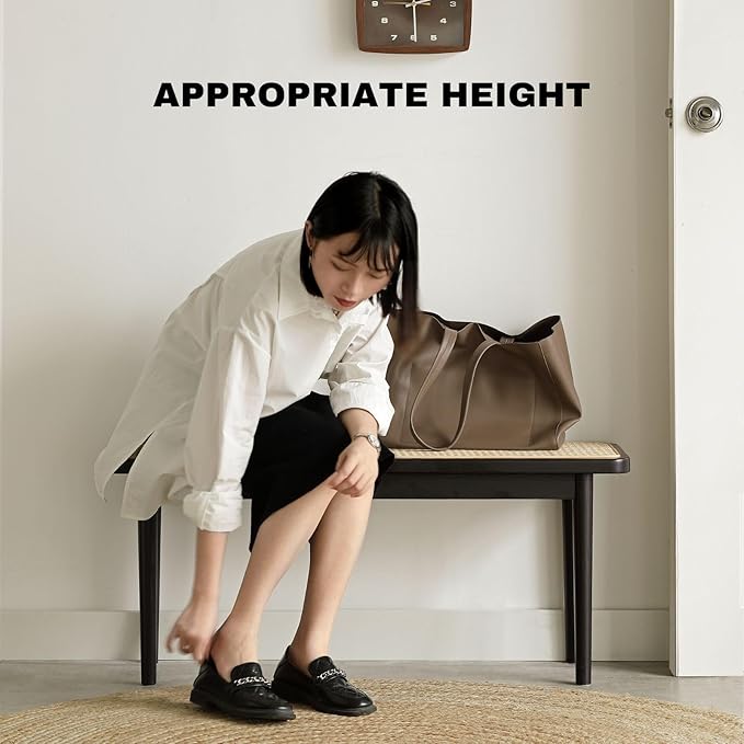 39.4'' Natural Rattan Dining Bench with 100% Solid Oak Wood Bench Frame, Bed End Shoe Ottoman for Kitchen Bedroom Entryway, Black