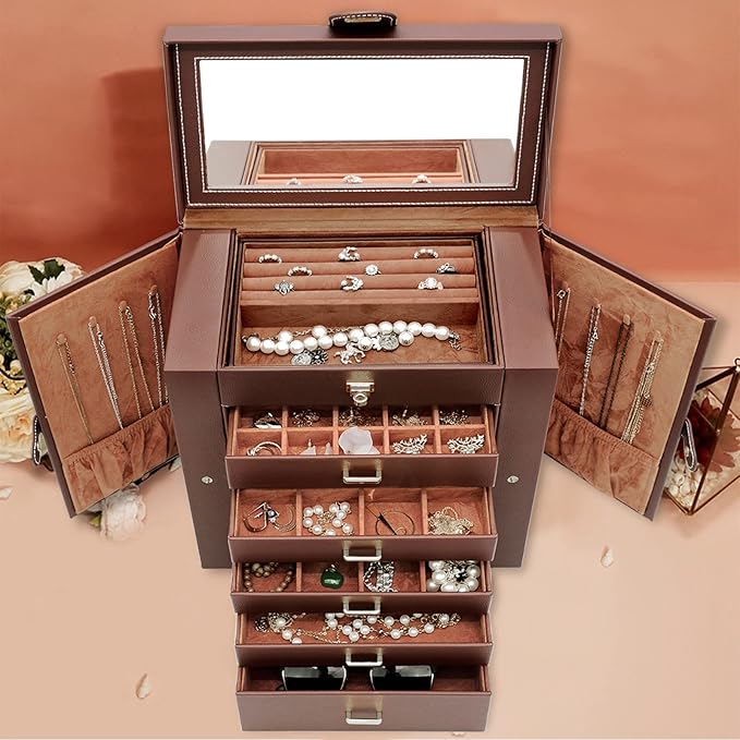 AKOZLIN Large 6-Tier Jewelry Box Organizer Functional Huge Lockable,5 Drawers Leather Jewelry Storage Case for Women Girls Ring Necklace Earring Bracelet Holder Organizer with Mirror Brown