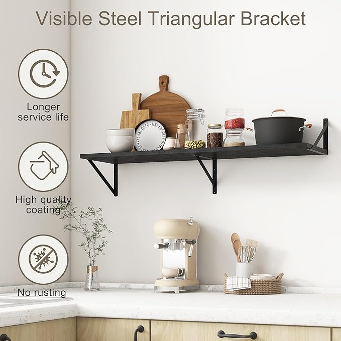 Fun Memories 40 Inch Floating Shelves, 12 Inch Deep Wall Shelf, 40 x 12 Floating Shelf Set of 2, Black Wood Floating Shelf Wall Mounted, Large Kitchen Living Room Bedroom Storage Shelves