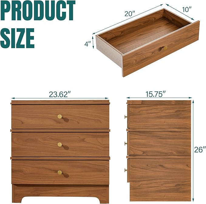 3 Drawer Nightstand with Charging Station,24" Farmhouse Night Stand & Modern Bedside Table, Wood End Table Storage Cabinet for Bedroom,Hallway,Entryway,Brown Set of 2