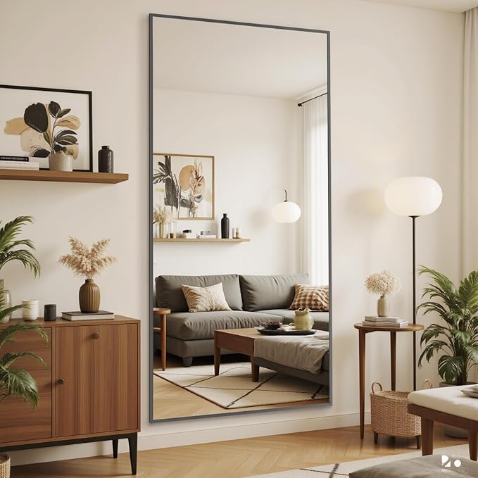 Antok Mirror Full Length, 61"x18" Big Floor Mirror, Oversized Full Body Mirrors with Stand for Bedroom, Living Room Cloakroom, Black, Rect Corner Style