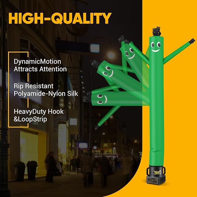 7FT Air Inflatable Waving Tube Man Set with Blower & Wheel, Air Puppet Dance Artist for Mall Opening, Amusement Park, Outdoor Decoration，Green