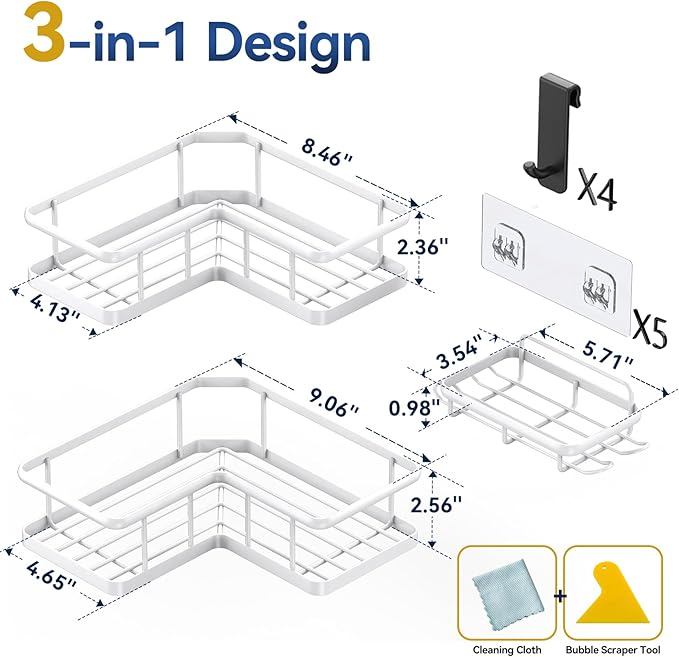 YASONIC Corner Shower Caddy Organizer, 3-Pack Self-Adhesive Rustproof Bath Shelves with Soap Holder & 4 Hooks, Large Capacity Shower Storage Rack for Bathroom Organization, White