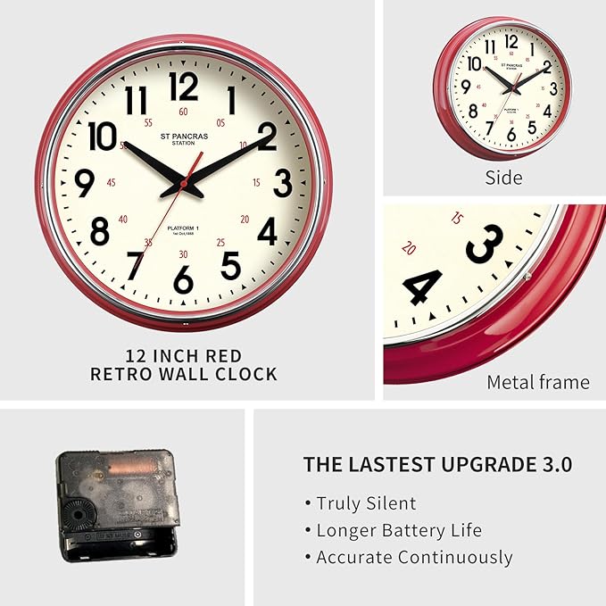Wall Clock Metal 12.4" Countryside Style Wall Clocks Retro Vintage Classical Silent Non Ticking Easy to Read for Living Room/Kitchen/Bedroom/Office/Bar(12.4" Red)