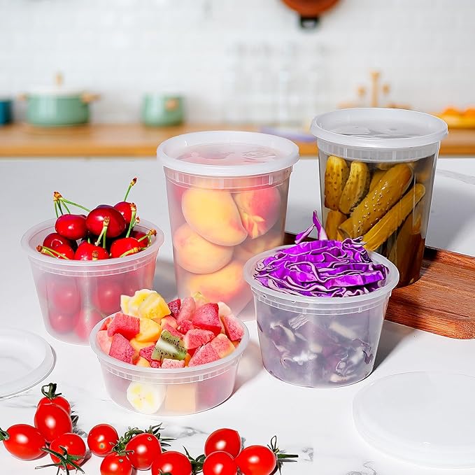 Deli Containers with Lids 48 Sets - Plastic Soup Containers with Lids 8oz, 16oz, 32oz - Take Out Container for Restaurant, Food Container with Leakproof, Microwave/Freezer/Dishwasher Safe