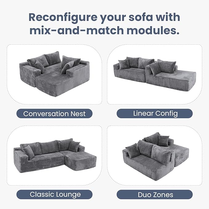 OC Orange-Casual 106.3" Cloud Sectional Couch with L-Shape Chaise,No Assembly Required Modular Sofa,Upholstered Boneless Couches for Living Room, Plush Corduroy Fabric (Grey, Right Facing Chaise)