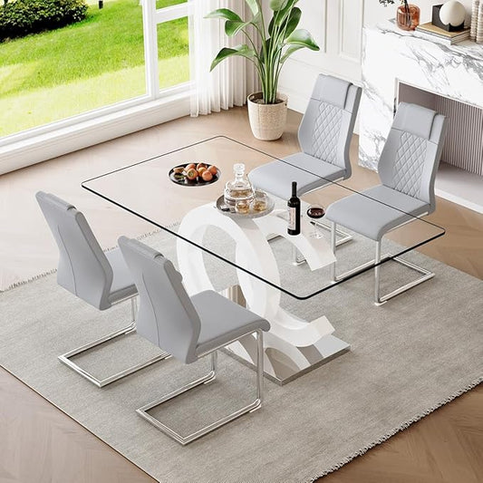 63'' Glass Dining Table Set for 4, Kitchen Table Chairs Set of 4, Clear Glass Dining Table with White unique design Leg and Silver Metal Base, 4 PU Dining Chairs with Metal Legs, Living Room, Kitchen.