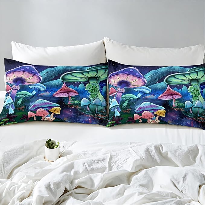 Mushroom Comforter Set for Bedroom - Twin Size, Colorful Mushroom Bedding Set with Quilt and Pillowcases