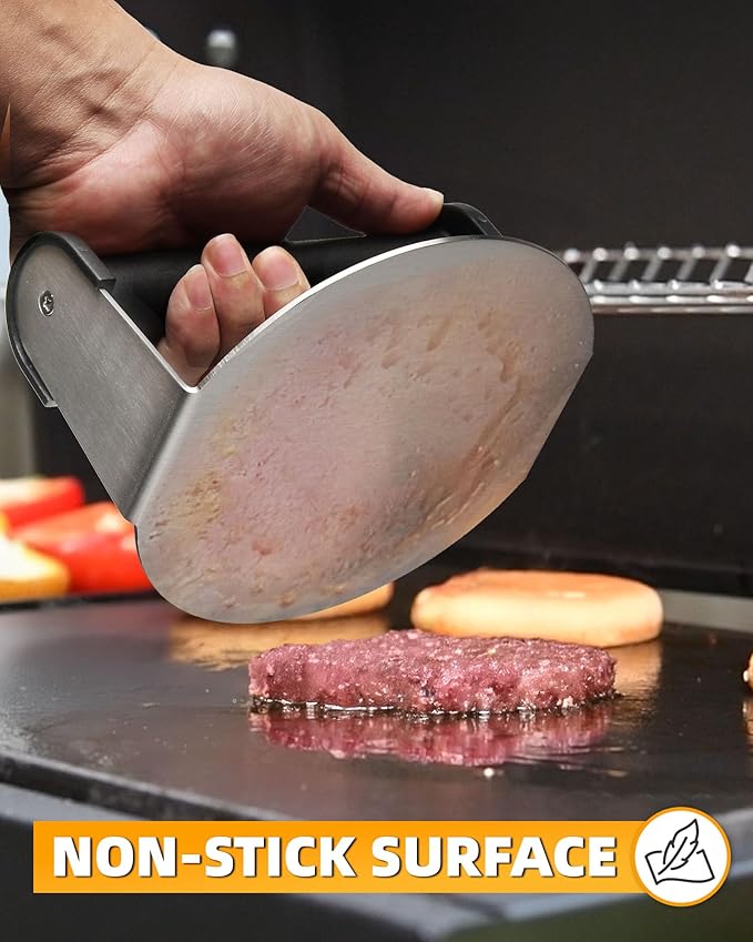 Burger Press, 6'' Round Burger Smasher for Griddle with Heat-resistant Handle, Stainless Steel Non-stick Hamburger Smasher Tool for Flat Top Griddle, Grill, BBQ, Cooking, Gift Package