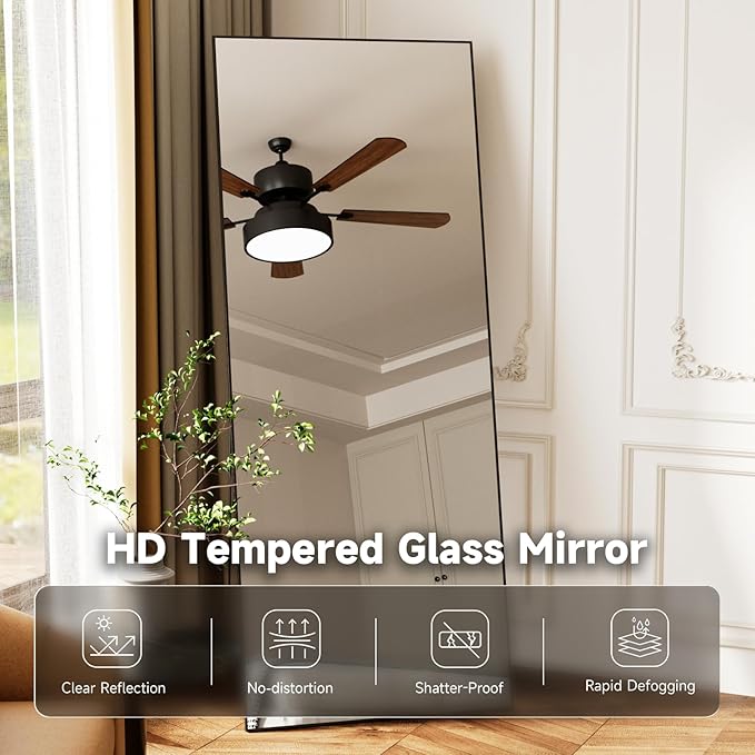 69"x24" Full Length Mirror,Black Tempered Glass Rectangle Floor Standing Mirrors, Wall Mounted Hanging Aluminum Alloy Frame Bedroom Floor