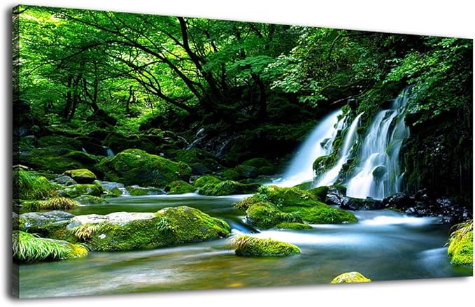 Waterfall Canvas Wall Art Living Room Decoration Large Nature Picture Artwork Modern Wall Art Landscape Green Forest for Kitchen Office Wall Decor Home Decorations Framed Ready to Hang 20" x 40"