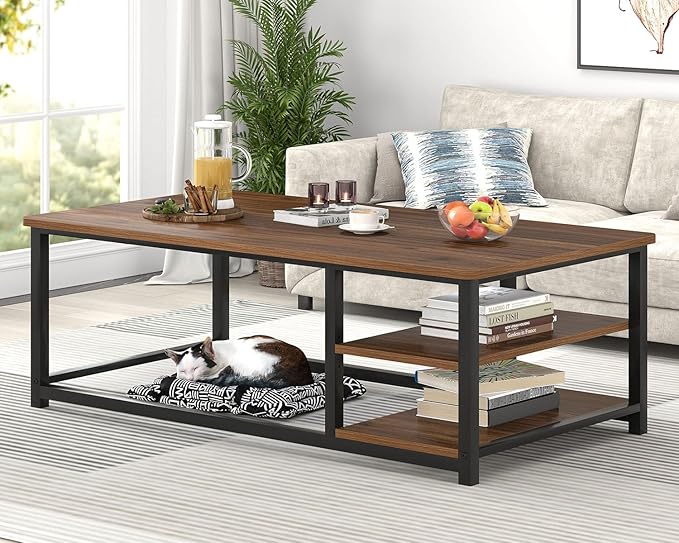 EXCEFUR Modern Coffee Table, Rustic Wood and Metal Center Table for Living Room, Industrial Rectangle Cocktail Tea Table with Storage Shelf, Walnut, 47 Inch