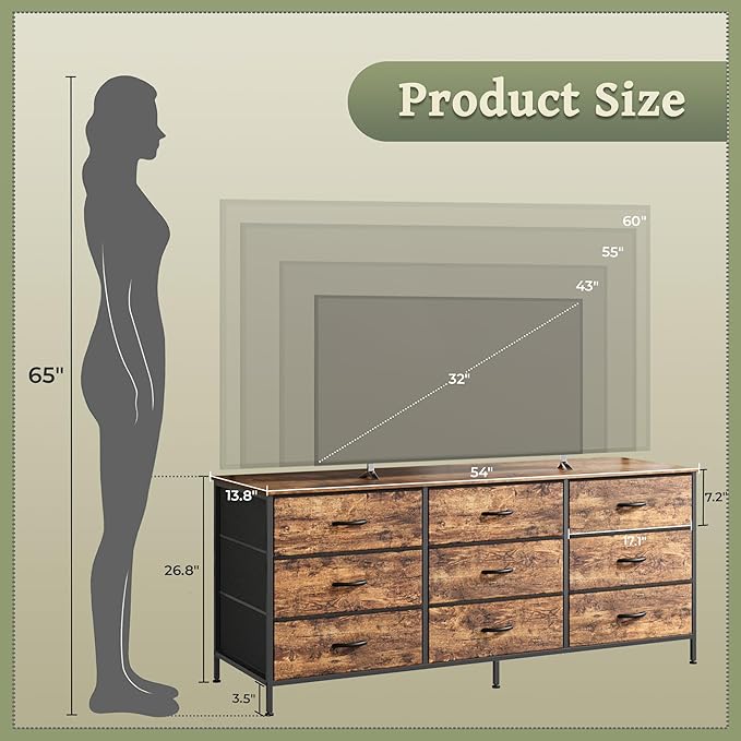 Huuger 9 Drawer Dresser, 55 Inch TV Stand for 55, 60 Inch TV, Entertainment Center with Drawers, Large Storage Fabric Dresser for Bedroom, Closet, Rustic Brown