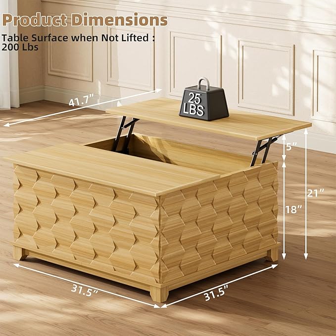 31.5'' Lift Top Coffee Table with Storage, Square Coffee Table for Living Room with Hidden Storage, Foldable Table with Embossed Texture, Dining Table for Coffee, Office, Dining, Natural