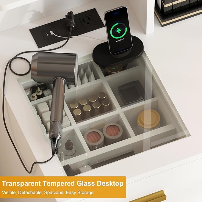 IDEALHOUSE Vanity Desk with Mirror and Lights, 42.5" Makeup Vanity Set with Stool, Makeup Table with Mirror Cabinet and Chair, Drawers & Shelves, Dressing Table with Outlet for Bedroom, White