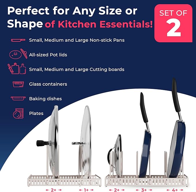 14 Compartments, 1 Large x 1 Compact Dual Rack Set - Pot and Pan Organizer Rack for Cabinet – Pot Lid Organizer for Kitchen Under Sink Drawer Pantry (White Sand, DUO SET)