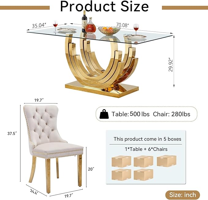 7 Piece Dining Table Set with 6 Beige Dining Chairs, Modern Glass Kitchen Table and Chairs Set for 6, 70" Rectangle Gold Glass Pedestal Dining Room Tables with Ring-Shape Stainless Steel Base