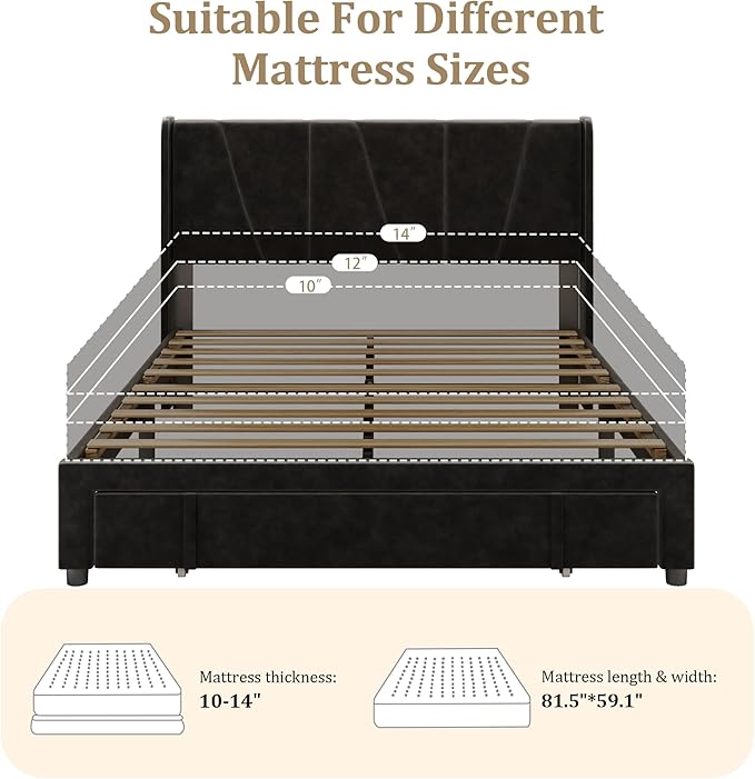 Queen Bed Frame with Storage Drawers, Upholstered Queen Size Platform Bed with 47" Tall Headboard and Wingboard, No Box Spring Needed, Noise Free, Easy Assembly, Wooden Support Slats, Black