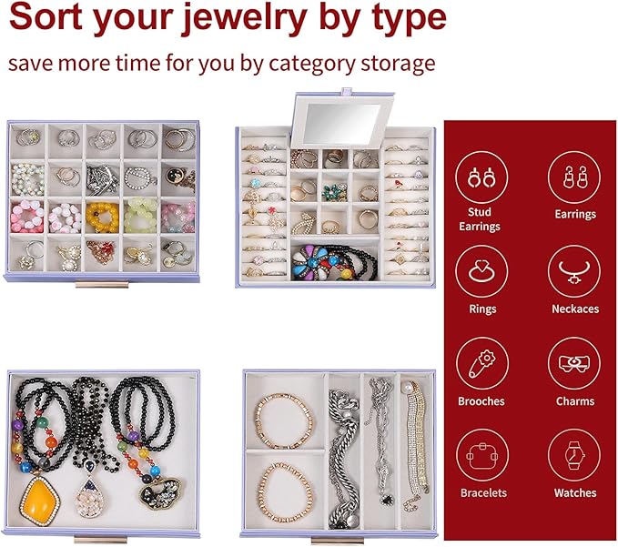BOOVO Clear Lid Jewelry Box,4 Layers Jewelry Organizer Large Jewelry Storage Box with 3 Drawers,Jewelry Holder Organzier of Rings Earrings Necklace Bracelets for Women (Purple, 4 Layer)