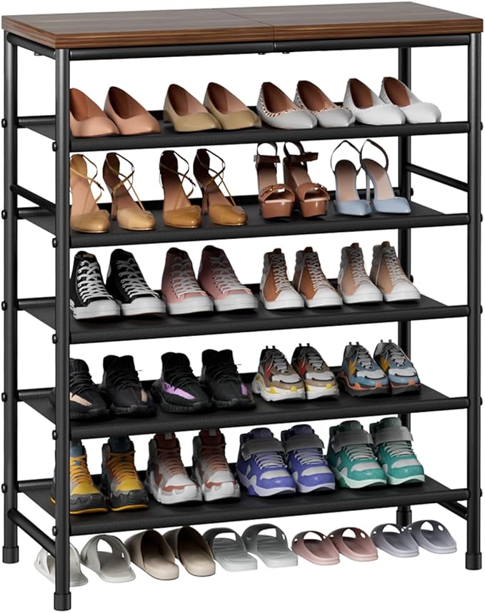 Mavivegue 6 Tier Shoe Rack Organizer, Metal Organizer Shelf with with MDF Top Panel and Layer Fabric, Shoe Rack for Front Door Entrance, Black & Rustic Brown