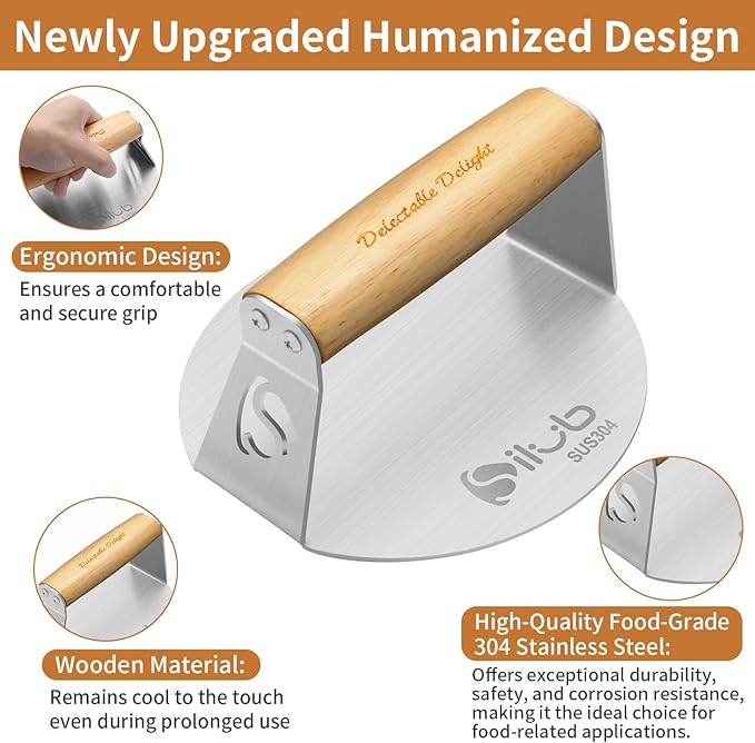 Smash Burger Press,304 Stainless Steel 6.0 Inches Round Hamburger Smasher with Anti Scald Wood Handle, Non-Stick Burger Press Perfect for Flat Top Griddle Grill Cooking