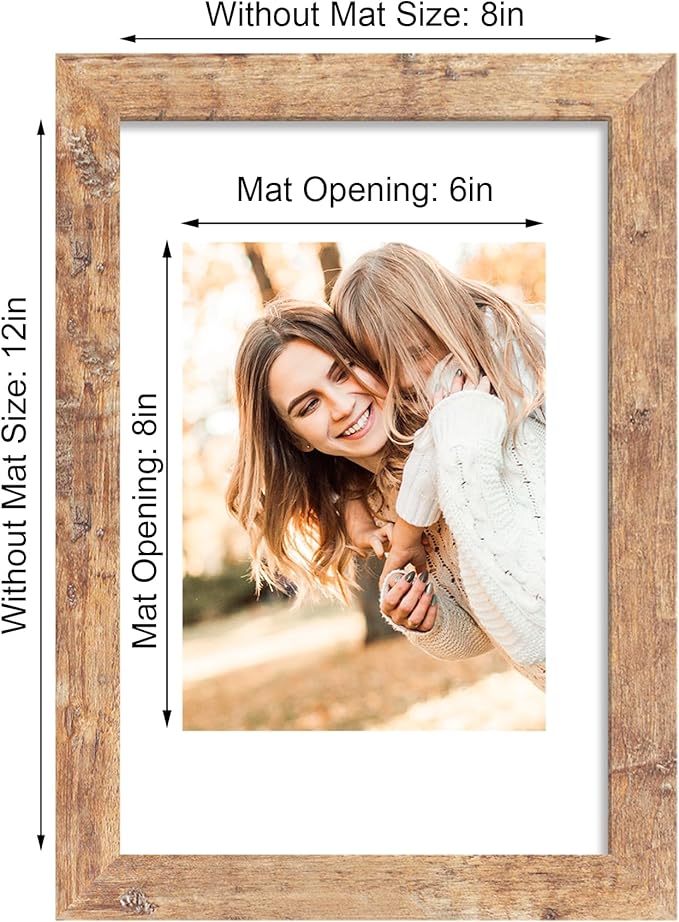 8x12 Picture Frame Set of 4 with High Definition Real Glass, Display 6x8 Pictures with Mat or 8 x 12 Without Mat, Rustic Brown Photo Frames for Tabletop and Wall Mounting