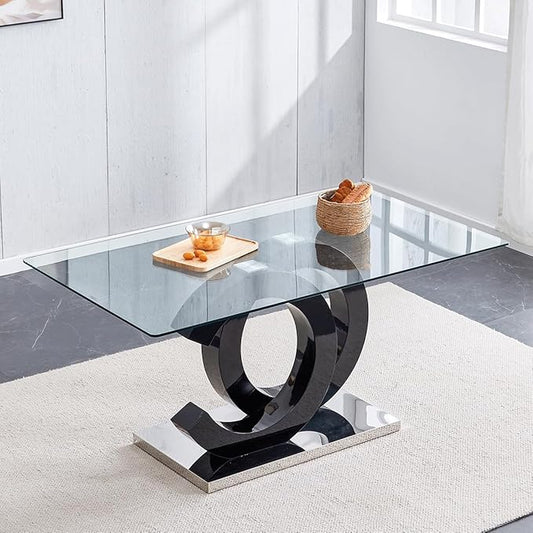 gopop 63'' Modern Glass Dining Table, Clear Glass Top with Black Unique Design Leg and Silver Metal Base, Seats 4-6, 63 x 35.4 x 30 inches