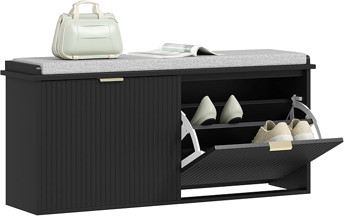 HOMCOM Shoe Bench with Padded Seat Cushion and 2 Flip-Drawers, Entryway Bench Holds up to 529lb, Shoe Cabinet, 40.9x10.2x18.7 Inches, Black
