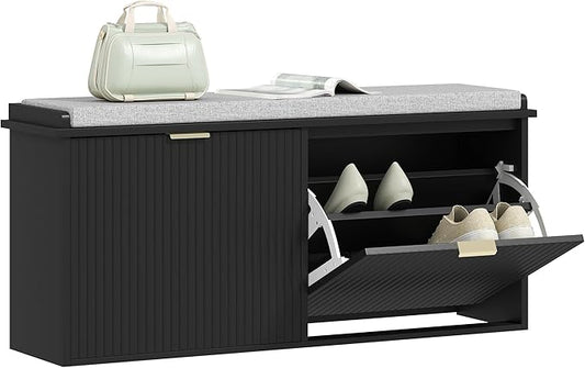 HOMCOM Shoe Bench with Padded Seat Cushion and 2 Flip-Drawers, Entryway Bench Holds up to 529lb, Shoe Cabinet, 40.9x10.2x18.7 Inches, Black