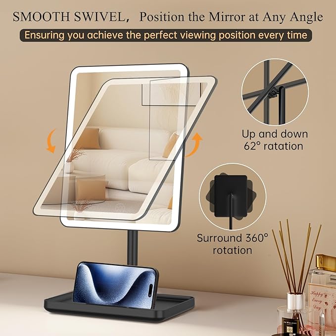 FUNTOUCH Vanity Mirror with Lights for Women Girls, Makeup Mirror Christmas Birthday Gifts for Adult Teen Kid,Detachable 40X Magnification for Vanity Desk Tabletop, Black