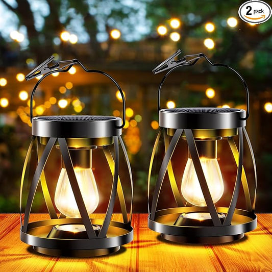 GARPAR Solar Lanterns Lights Outdoor Waterproof, Upgraded Metal Outdoor Lantern, Brighter Auto On/Off 18H Hanging Solar Lights for Outside Garden Yard Patio Porch Decor, Gift for Mom, 2 Pack