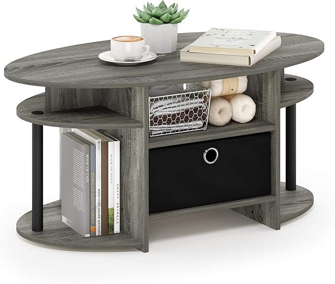 Furinno Jaya Oval Coffee Table, French Oak Grey/Black/Black