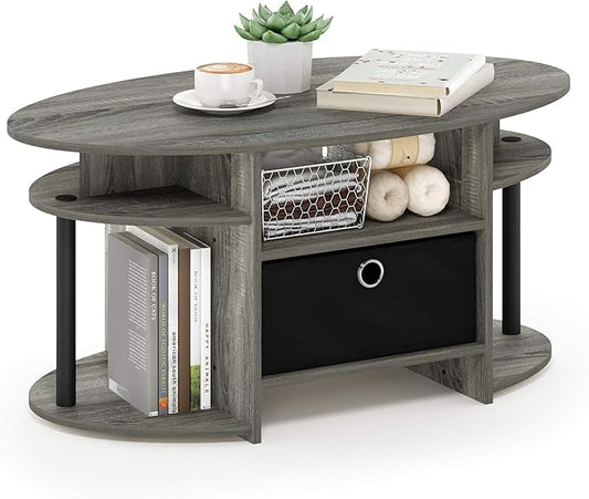 Furinno Jaya Oval Coffee Table, French Oak Grey/Black/Black