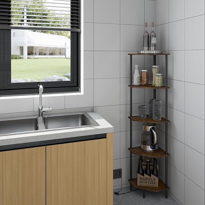 5 Tier Corner Shelf with LED Light,Tall Standing Shelf Organizer,Narrow Bookshelf,The Classic Combination of Rustic Brown and Black Standing Bookcase,Suitable for Bedroom,Living Room,Kitchen