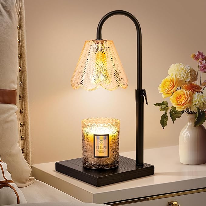 Golden Floral Candle Warmer Lamp with Timer & Dimmable Light - Adjustable Height Jar Candle Melter with Ebony Wooden Base, Home Decor Gift Set (Includes 2 Bulbs)