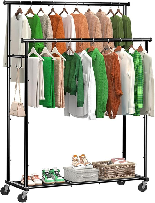 Double Rod Clothing Garment Rack on Wheels, 45 Inches Clothes Rack with Mesh Bottom Shelf for Hanging Clothes, Heavy Duty Metal Maximum Capacity 400 lbs, Black