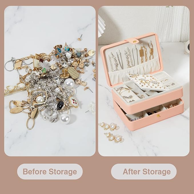 Jewelry Boxes For Girls And Women, Pu Leather Made Portable Jewelry Organizer Travel Case,3 Layers Girl Jewelry Box For Rings, Earings, Necklaces, Bracelets, Watches And Lipsticks (pink)