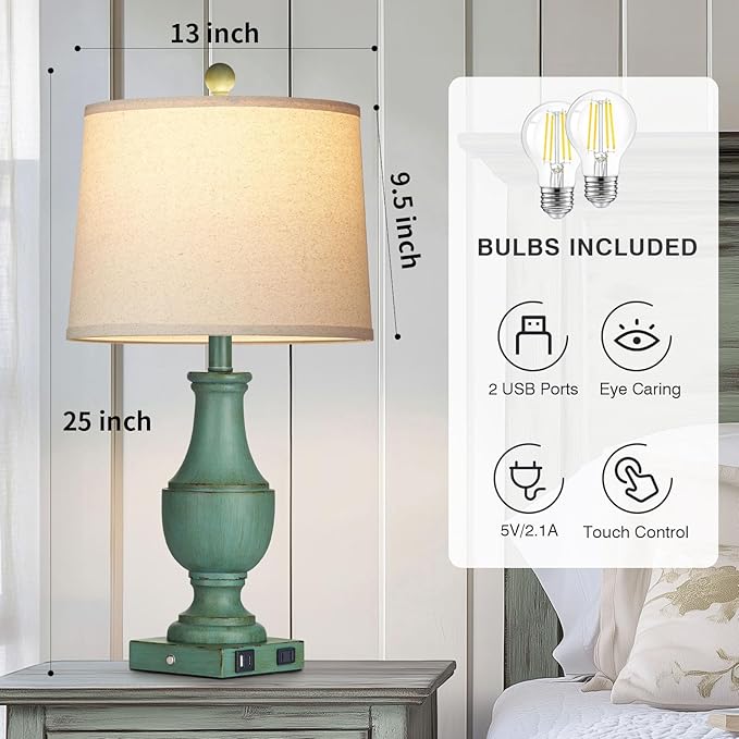 Farmhouse Table Lamp Set of 2, Rustic Touch Control 3-Way Dimmable Lamps with USB A+C Charging Ports & AC Outlet, Vintage Retro Antique Bedside Lamp for Living Room Bedrooms Nightstand Green