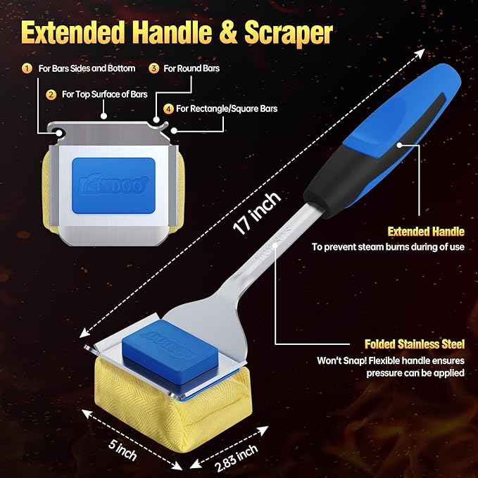 Grill Brush Bristle Free for Outdoor Grill, Steam Grill Cleaning Brush Replaceable BBQ Cleaner Brush Head,Extended Handle, Safe Grill Brush with Scraper for Cast Iron Stainless-Steel Grates,Blue