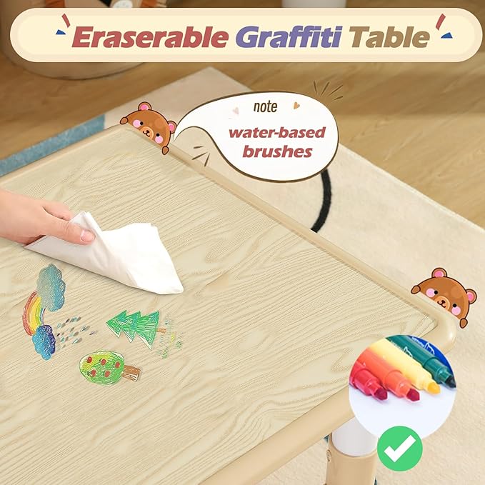 Kids Table and 2 Chair Set, Toddler Table and Chair Set Height Adjustable, 31.5''L x 23.6''W Multifunctional Toddler Table for Reading, Drawing, Eating, for Girls & Boys Age 2-10, Burlywood