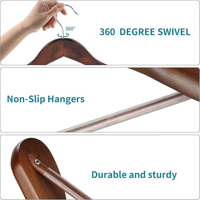 Solid Wood Suit Hangers, 6 Pack, Coat Hangers with Non Slip Trouser Bar, 360° Swivel Hook, Heavy Duty Wide Hangers for Suit, Coat, Jacket, Trousers, Pants,17.3" W x 9" H, Dark Walnut AWY0406H