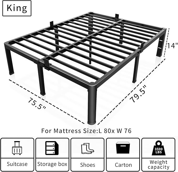ROIL 14 inch King Size Bed Frame Metal Platform No Box Spring Needed with Headboard Hole Round Corner Legs Mattress Stoppers Retainers 3500LBS Heavy Duty Steel Slats Noise-Free