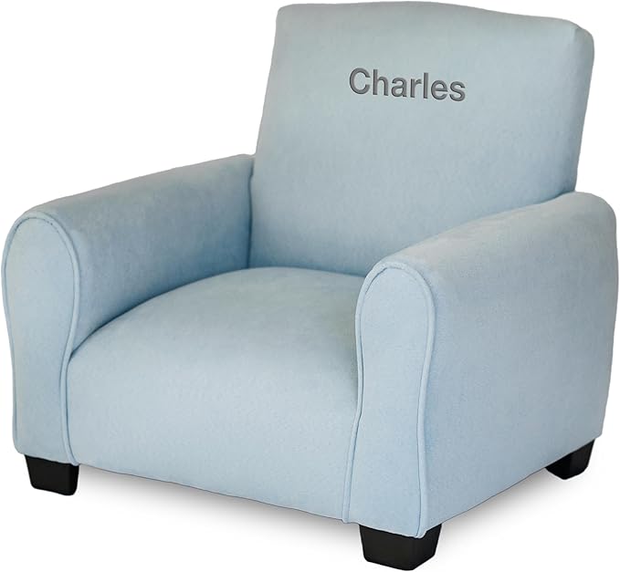 Toddler Personalized Chair, Kids Upholstered Rocking Chair with Personalization, Toddler Armchair with Personalized Name, Comfy Child Armchair, (Light Blue Suede, Legs)
