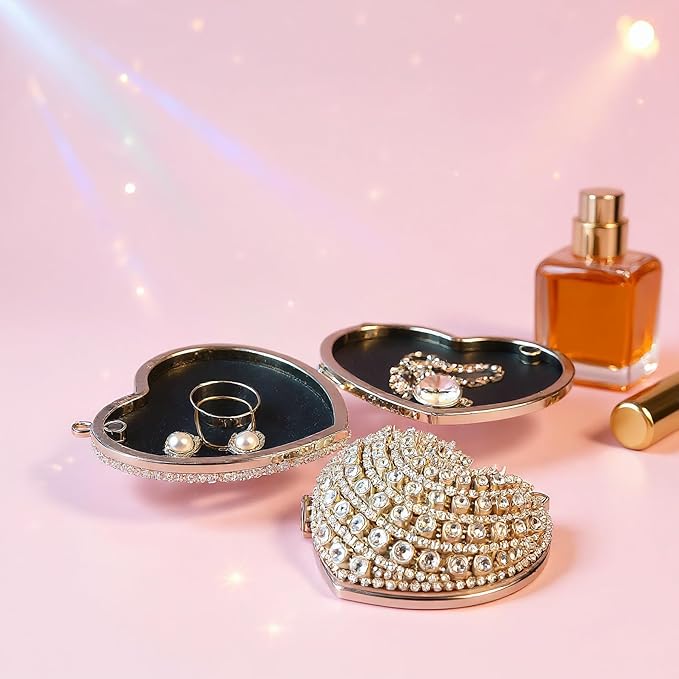 Ayliss Jewelry Trinket Box Heart Shaped Rhinestones Love Jewelry Gift Box Storage Organizer Ring/Earrings/Necklace Women Evening Clutch Rhinestone Purses (Silver)