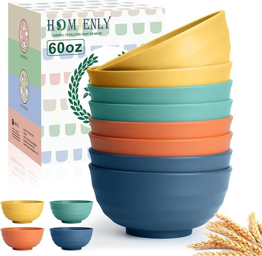 Homienly Wheat Straw Bowl Set, Large Salad Bowls Set of 8-60 OZ Large Capacity Big Bowls, Unbreakable Popcorn Bowl, Microwave and Dishwasher Safe Bowl for Kithchen, Camping, Party - Multi, Matte