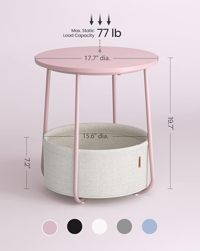 VASAGLE Small Round Side End Table, Modern Nightstand with Fabric Basket, Jelly Pink and Cream White ULET223R61