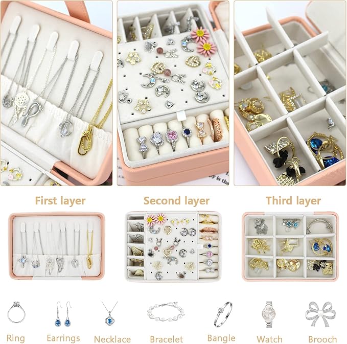 KOOAAICCHI Small Jewelry Box, Travel Jewelry Organizer, Portable Jewelry boxes for Women Girls Gift, Double Layers PU Leather Jewelry Holder for Rings, Earrings, Necklaces-Pink